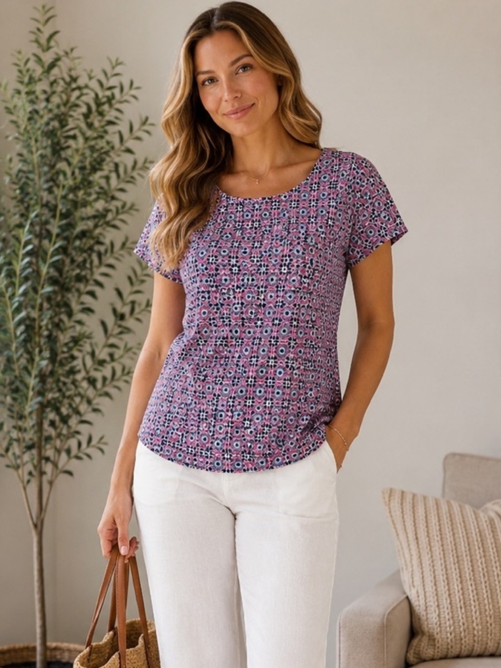 J. Crew Pink and Navy Diamond Pattern Blouse - Size XS